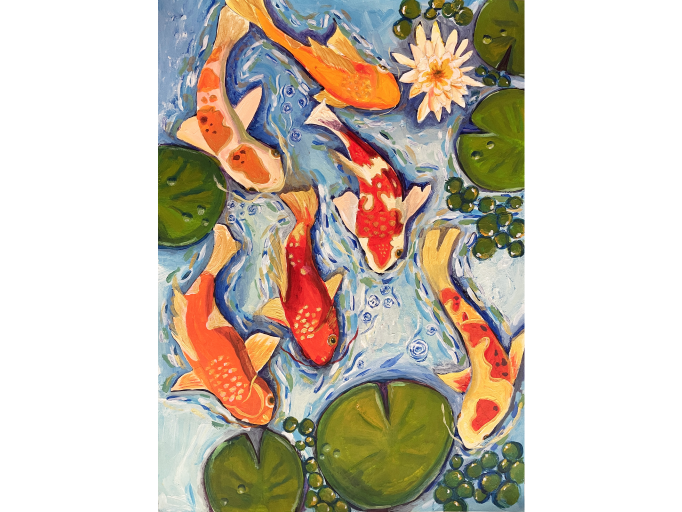 一幅精緻的鯉魚畫作，展現了鯉魚在水中游動的美麗，色彩鮮豔，充滿生機