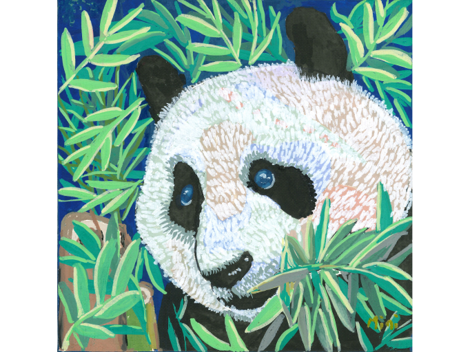 一幅畫作，描繪了一隻熊貓在竹林中悠然自得的景象，展現了自然的和諧與美麗。 