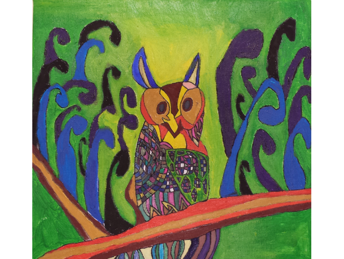 一幅畫作,描繪了一隻貓頭鷹栖息在樹枝上的景象,展現出自然的靜謐與美麗
